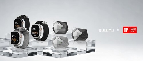 On the left, three rugged smartwatches are displayed on transparent acrylic pedestal blocks. On the right, four geometric wireless earbud charging cases are arranged on similar transparent pedestals. This image is a showcase highlighting accessories by AULUMU with the logo of the iF Design Award 2026. On the right, four geometric wireless earbud charging cases are arranged on similar transparent pedestals. This image is a showcase highlighting accessories by AULUMU with IF Design Award Logo