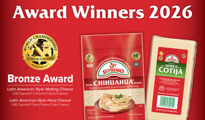 V&V Supremo® gana el premio de bronce en el World Championship Cheese Contest por el queso de la marca Chihuahua® y el queso cotija de la marca Sierra® rallado (PRNewsfoto/V & V Supremo Foods, Inc.)