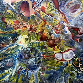 Isaac Abrams, Dragons in the Sky with Lucy, 2021, acrylic on linen, 36 x 36 in.