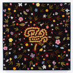 Fred Tomaselli, Brain with Flowers, 1990-1997, leaves, pills, photo collage, blotter acid, acrylic and resin on wood panel, 24 x 24 in.