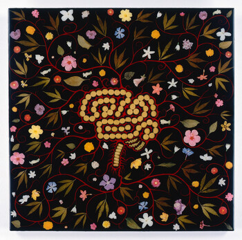 Fred Tomaselli, Brain with Flowers, 1990-1997, leaves, pills, photo collage, blotter acid, acrylic and resin on wood panel, 24 x 24 in.