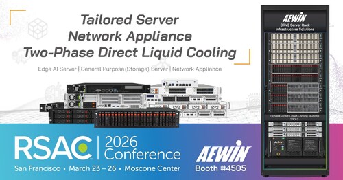 AEWIN showcases its tailored server, network appliance, and two-phase direct liquid cooling solutions at the 2026 RSA Conference in San Francisco.