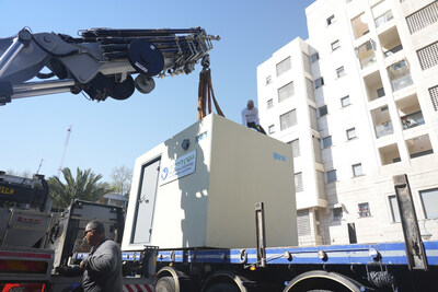 A reinforced 'Arbel' mobile bomb shelter being placed by The Fellowship in Tel Aviv, Israel, on March 3, 2026. Photo Credit: Raanan Cohen/IFCJ