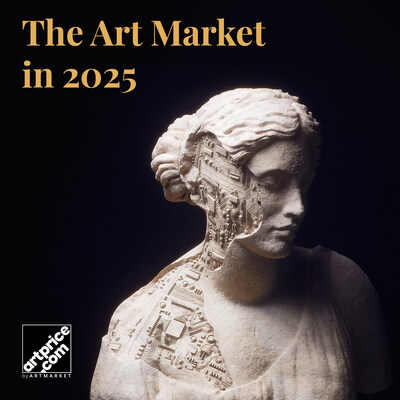 Artprice's 2025 Art Market Report cover, featuring IA Face Stone (2026) by Léo Caillard