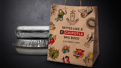 On Friday, March 13, the "Tatted Like a Chipotle Bag" BOGO offer returns at all Chipotle restaurants in the U.S. and Canada from 3 - 4 p.m. local time for tattooed guests.