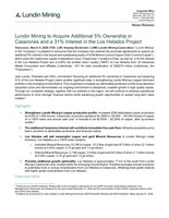 Lundin Mining to Acquire Additional 5% Ownership in Caserones and a 31% Interest in the Los Helados Project (CNW Group/Lundin Mining Corporation)