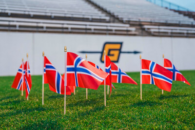 Norwegian flags displayed at UNCG’s Soccer Stadium, where the Norwegian Men’s National Football Team will train ahead of the 2026 World Cup. (Photo: UNC Greensboro / Sean Norona)