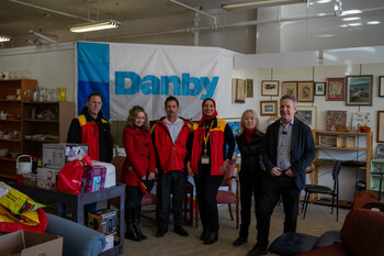 Danby Appliances CEO Jim Estill joins representatives from DHL and Circle Home Charity during the appliance donation drive at the Circle Home Furniture Bank in Guelph. Danby Appliances CEO Jim Estill joins representatives from DHL and Circle Home Charity during the appliance donation drive at the Circle Home Furniture Bank in Guelph.