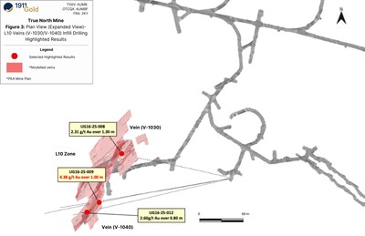 Figure 3: Plan View (Expanded View)-True North Mine (Level 16)-L10 Infill Drilling Highlighted Results (CNW Group/1911 Gold Corporation) Figure 3: Plan View (Expanded View)-True North Mine (Level 16)-L10 Infill Drilling Highlighted Results (CNW Group/1911 Gold Corporation)