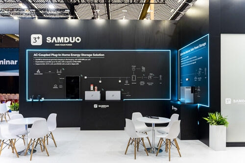 Samduo's booth at Solar Solutions International 2026 showcasing the Nex Series
