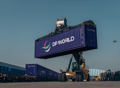 DP World-branded container transporting critical broadcast and match infrastructure for the ICC Men’s T20 World Cup 2026