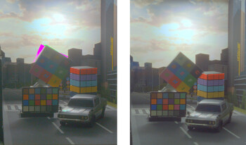 Left: Multiple exposure imaging on a conventional product*4(artifacts observed), Right: Single exposure imaging on IMX908 (fewer artifacts)