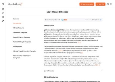 Pictured: OpenEvidence’s Rare Disease overview page for IgG4-Related Diseases reviewed by NORD.