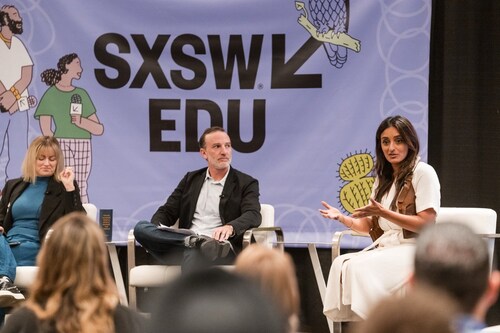 Rekha Magon (Boundless Life), Penelope Barton (Crimson Academies), and Ben Polansky (EdOdyssey) speak at SXSW EDU 2026 during the panel “Learning Without Borders: Preparing Kids for a Global Future.