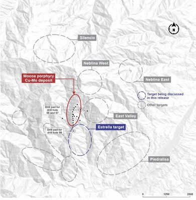 Figure 1. Plan view of the exploration targets and the Mocoa porphyry Cu-Mo deposit. *Black dotes denotes drill pads. (CNW Group/COPPER GIANT RESOURCES CORP.)