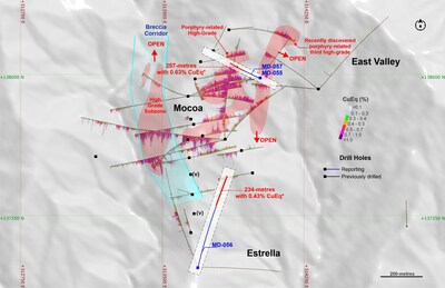 Figure 2. Plan view of holes MD-055, MD-056 and MD-057 mentioned in this release. White shadow denotes position of the cross-section shown in figure 3 and 5. *Collar for MD-055 and MD-057 are 314014E, 137979N and 1,720 m.a.s.l. Collar for MD-056 is 313689E, 136976N and 1,514 m.a.s.l. Coordinates are UTM system, zone 18N and WGS84 projection. For MD-055: azimuth of 45-degrees and dipping 85-degrees. For MD-056: azimuth of 15-degrees and dipping 45-degrees. For MD-057: azimuth of 295-degrees and dipping 70-degrees. Note: Hole 55 did not reach its planned target. (CNW Group/COPPER GIANT RESOURCES CORP.)