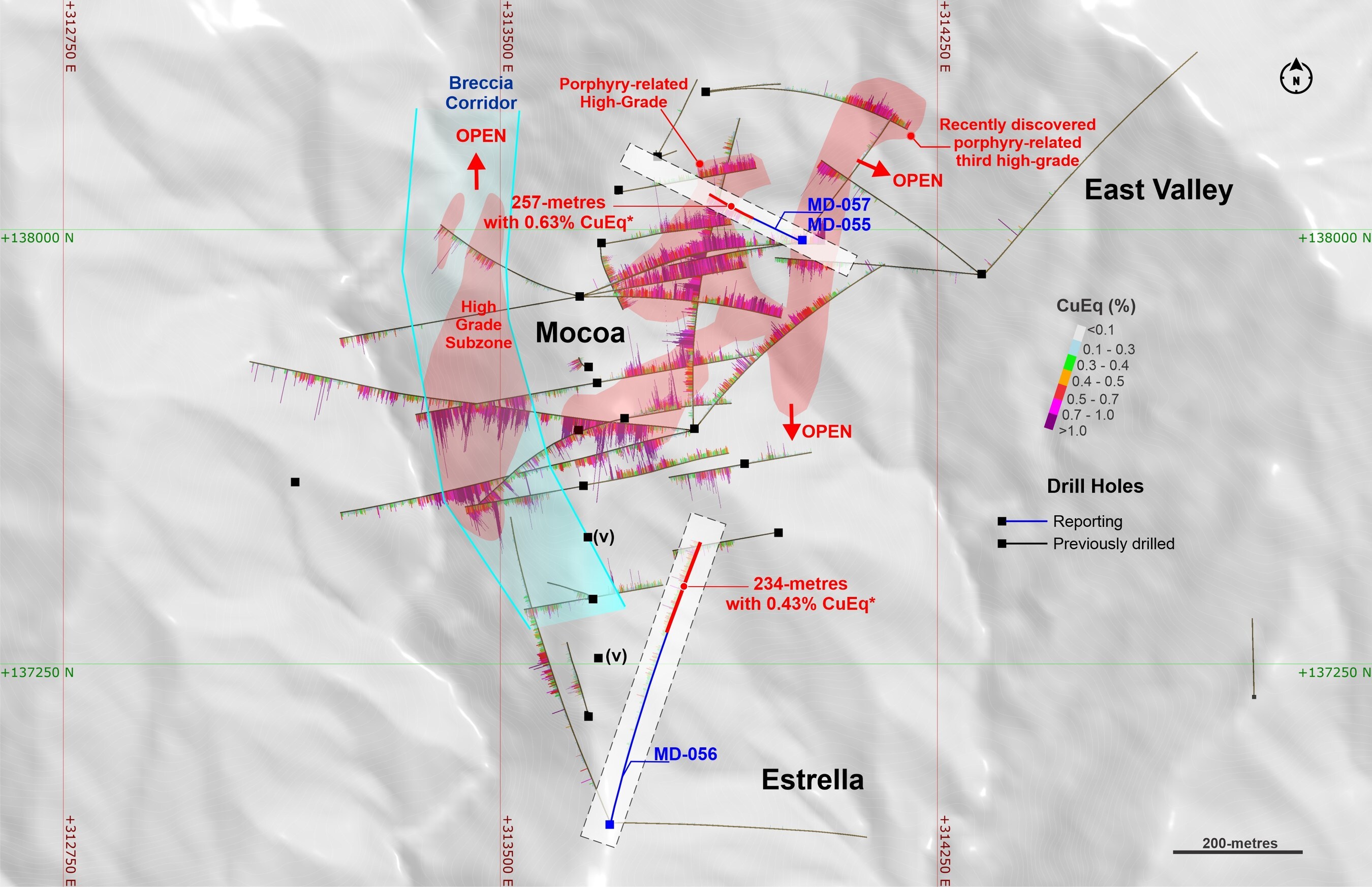 Figure 2. Plan view of holes MD-055, MD-056 and MD-057 mentioned in this release. White shadow denotes position of the cross-section shown in figure 3 and 5. *Collar for MD-055 and MD-057 are 314014E, 137979N and 1,720 m.a.s.l. Collar for MD-056 is 313689E, 136976N and 1,514 m.a.s.l. Coordinates are UTM system, zone 18N and WGS84 projection. For MD-055: azimuth of 45-degrees and dipping 85-degrees. For MD-056: azimuth of 15-degrees and dipping 45-degrees. For MD-057: azimuth of 295-degrees and dipping 70-degrees. Note: Hole 55 did not reach its planned target. (CNW Group/COPPER GIANT RESOURCES CORP.) Figure 2. Plan view of holes MD-055, MD-056 and MD-057 mentioned in this release. White shadow denotes position of the cross-section shown in figure 3 and 5. *Collar for MD-055 and MD-057 are 314014E, 137979N and 1,720 m.a.s.l. Collar for MD-056 is 313689E, 136976N and 1,514 m.a.s.l. Coordinates are UTM system, zone 18N and WGS84 projection. For MD-055: azimuth of 45-degrees and dipping 85-degrees. For MD-056: azimuth of 15-degrees and dipping 45-degrees. For MD-057: azimuth of 295-degrees and dipping 70-degrees. Note: Hole 55 did not reach its planned target. (CNW Group/COPPER GIANT RESOURCES CORP.)