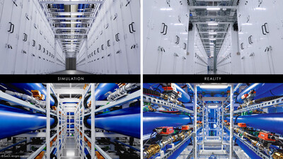 Simulation to Reality: Switch’s EVO AI Factories shown through digital twin simulation using NVIDIA Omniverse DSX Blueprint (left) and real-world deployment (right).