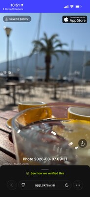 Every photo and video captured with SkrewAI gets a public verification page. The page displays the media, device info, timestamp, and a "See how we verified this" panel with full sensor data. Anyone can inspect authenticity with one tap - no app needed. Save to gallery or share the proof URL to any platform. Free on iOS and Android.