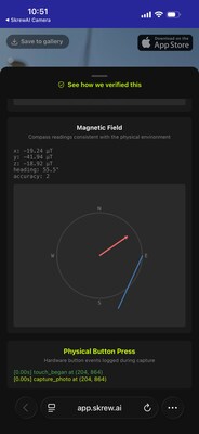 Inside a SkrewAI verification page: real magnetometer data showing compass heading and field strength, plus a log of the physical button press that initiated capture. This sensor telemetry is recorded during every shot and cross-analyzed against the visual content. AI can generate pixels - it cannot fake these physics readings.