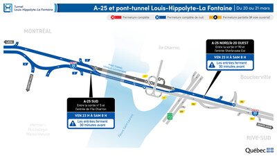 Fermeture du tunnel durant la nuit du 20 au 21 mars (Groupe CNW/Ministère des Transports et de la Mobilité durable) Fermeture du tunnel durant la nuit du 20 au 21 mars (Groupe CNW/Ministère des Transports et de la Mobilité durable)