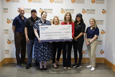 (left to right) Jason Zdunich, learning & development, HMGMA, Brandon Ramirez, director, corporate social responsibility, Hyundai Motor North America, Paige Rowlett, director of development, Second Harvest of Coastal Georgia, Stephania Brown, director of marketing & communications, Second Harvest of Coastal Georgia, Miriam Langley, CEO, Second Harvest of Coastal Georgia, Vanessa Perez, corporate social responsibility, Hyundai Motor North America, Ansley Christain, public relations & corporate social responsibility, HMGMA at Second Harvest of Coastal Georgia in Savannah, Ga. on March 10, 2026 (Photo/Hyundai)
