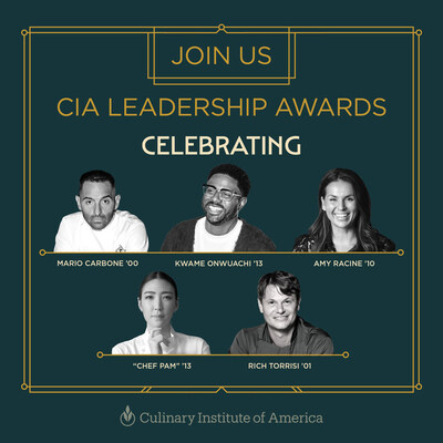 The 2026 CIA Leadership Award honorees: Mario Carbone, Kwame Onwuachi, Amy Racine, “Chef Pam” Pichaya Soontornyanakij, and Rich Torrisi.