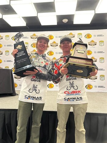 Twin brothers Carter Nutt (left) and Dylan Nutt celebrate a historic weekend as Carter wins the Collegiate Classic and Dylan claims the 2026 Bassmaster Classic title.