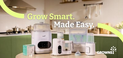 A display of GROWNSY baby care products in a modern kitchen setting, featuring the brand's tagline "Grow Smart. Made Easy."