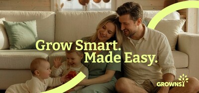 A family of four, including a man, a woman, and two young children, sits together on a couch in a cozy living room setting. The image features the text 'Grow Smart. Made Easy.' and the GROWNSY logo, reflecting the brand's new philosophy of supporting parents and babies as they grow together.