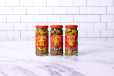 Lindsay ® Olives' new Latin-Inspired Olive Flavors (left to right): Escabeche Style, Sofrito Style and Pimiento Picantito, now available at select Albertsons for a suggested retail price of $2.99.