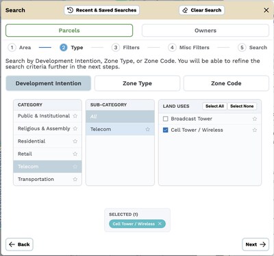SearchAI Intentions allows users to identify parcels suitable for telecommunications infrastructure, such as cell towers, based on zoning and land-use criteria.