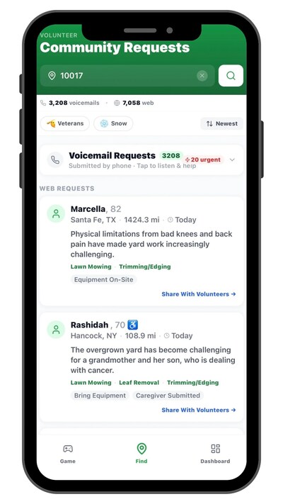 MOW lets volunteers review AI-assisted summaries, listen to homeowner voicemails, and connect through privacy-protected calling and texting.