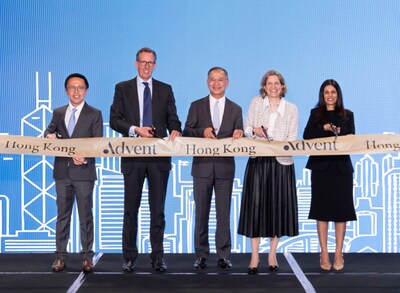 Advent celebrating strengthening its presence in Hong Kong featuring (from left to right) Samson Wong, Chief Investment Officer (Private Markets) of the Hong Kong Monetary Authority; James Brocklebank, Managing Partner at Advent and Head of Europe; Eddie Yue, Chief Executive of the Hong Kong Monetary Authority; Johanna Barr, Managing Director and Co-Head of Limited Partner Services at Advent and Shweta Jalan, Managing Partner and Head of Asia Pacific at Advent.