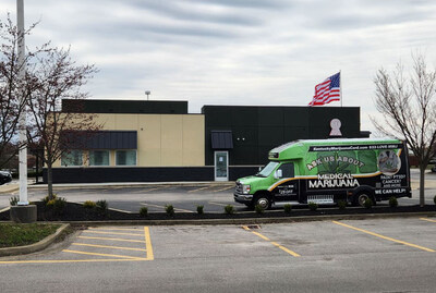 The Kentucky Marijuana Card mobile unit stationed outside Speakeasy Dispensary in Lexington, offering convenient, low-cost medical cannabis certifications.