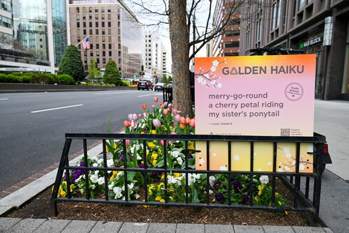 2026 Golden Haiku sign on display in downtown Washington, DC's Golden Triangle neighborhood