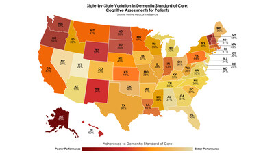 New insights from healthcare performance analytics company, Motive Medical Intelligence, reveal significant state-by-state variation in whether clinicians conduct the recommended cognitive assessments for dementia patients. This U.S. heat map highlights geographic disparities in adherence to the care standard, with darker shades indicating higher rates of clinicians failing to perform cognitive assessments and lighter shades reflecting stronger adherence to this dementia care standard. New insights from healthcare performance analytics company, Motive Medical Intelligence, reveal significant state-by-state variation in whether clinicians conduct the recommended cognitive assessments for dementia patients. This U.S. heat map highlights geographic disparities in adherence to the care standard, with darker shades indicating higher rates of clinicians failing to perform cognitive assessments and lighter shades reflecting stronger adherence to this dementia care standard.