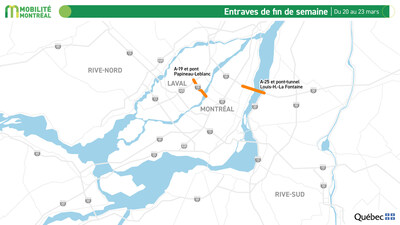 1. Entraves de fin de semaine, du 20 au 23 mars (Groupe CNW/Ministère des Transports et de la Mobilité durable)
