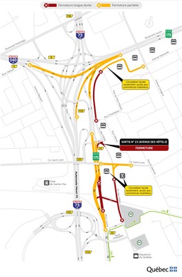 Fermeture de la sortie no 23 (avenue des Hôtels) de la route 175 en direction nord, du 23 mars, jusqu’à la fin du mois de juillet. (Groupe CNW/Ministère des Transports et de la Mobilité durable)