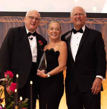 Clare Scully, executive director of Sturges Ridge of Fairfield, accepts the 2025 Darrell Harvey Values Award