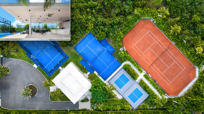 An aerial view above Triton’s professional-grade sports complex. Located immediately west of the main estate, the complex includes a luxe pavilion (inset image at upper left; white roof, left-of-center in main image), red-clay tennis court (at right), pickleball court (center-right, bottom) and 2 padel courts (center and left). The +1,500-sf pavilion features a summer kitchen, covered lounge, one-half bathroom, changing room, cabana shower and storage. TritonLuxuryAuction.com.