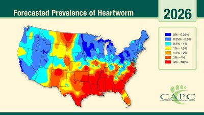 CAPC shows in its 2026 Pet Parasite Forecast map that heartworm disease – transmitted by mosquitoes – remains entrenched in the Southeast and is spreading northward along the Mississippi River corridor and Atlantic coast, with emerging pockets of risk in the Mountain West and Northern California.