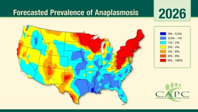 CAPC shows in its 2026 Pet Parasite Forecast map that anaplasmosis risk is increasing in regions where Lyme disease is expanding, reflecting the continued spread of tick populations into new geographic areas.