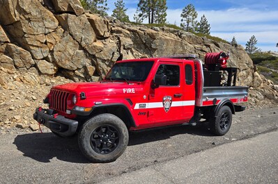 Acela Truck Company’s new Dispatcher™ 4x4 Type 6 fire apparatus—built on a Jeep® Gladiator® chassis and equipped with a 150-gallon skid unit—demonstrates its compact, high-maneuverability design for rapid wildland response in rugged environments.