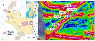 Figure 1. Location map (LHS) and drilling completed at Killero E overlain on magnetic data (RHS). (CNW Group/Capella Minerals Limited)