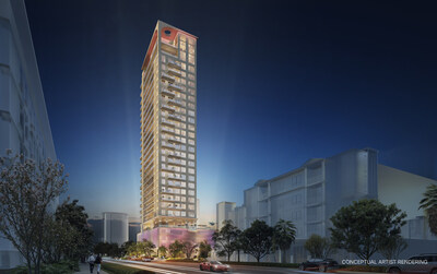 Rendering of completed Roche Bobois St. Pete Tower in St. Petersburg, Florida. A collaboration by Valor Real Estate Development and renowned French design house Roche Bobois, the residential tower is set to open in 2029.