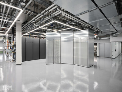 A photograph of the front view of IBM Quantum System Two in Poughkeepsie, New York. (Credit: IBM)