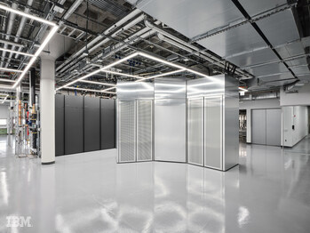 A photograph of the front view of IBM Quantum System Two in Poughkeepsie, New York. (Credit: IBM)