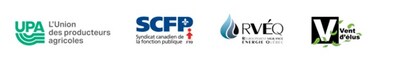Logos Union des producteurs agricoles, Syndicat canadien de la fonction publique, Regroupement vigilance énergie Québec et Vent d’élus (Groupe CNW/Union des producteurs agricoles)