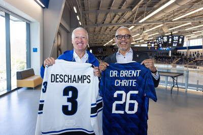 Didier Deschamps, head coach of the French national football team, joined Bentley President E. LaBrent Chrite on campus. The two exchanged jerseys — Bentley and France. The team will practice at Bentley before taking the pitch at the FIFA World Cup 2026™. Didier Deschamps, head coach of the French national football team, joined Bentley President E. LaBrent Chrite on campus. The two exchanged jerseys — Bentley and France. The team will practice at Bentley before taking the pitch at the FIFA World Cup 2026™.